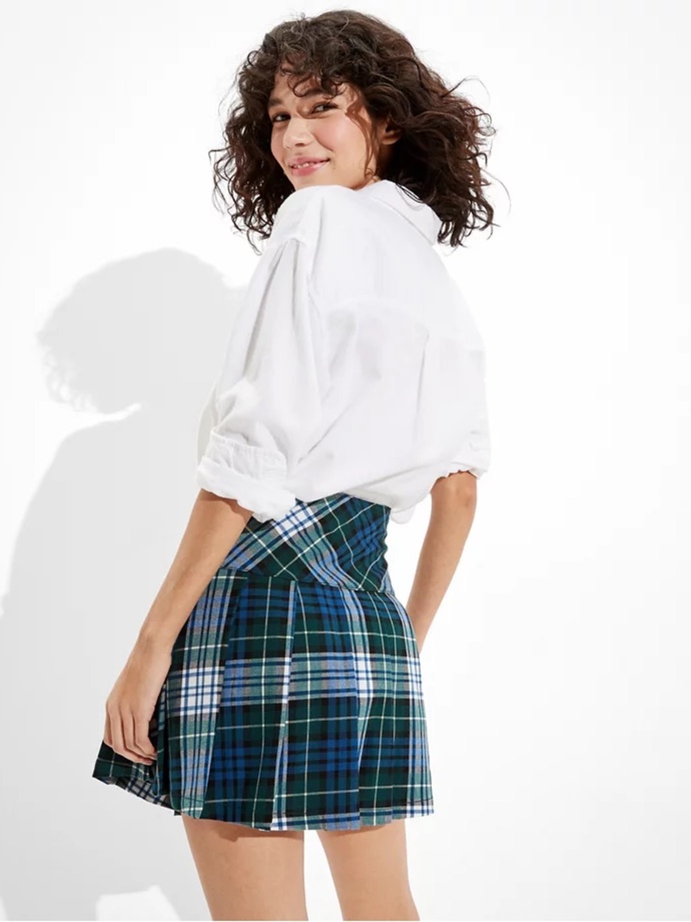 American Eagle Outfitters plaid pleated stretch mini skirt size 4 green/blue - Picture 8 of 9